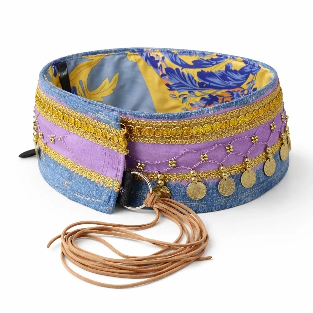 Artisan Denim Handmade Belt Gold Coin Tassel | Belly Dancer Adjustable XL SIGNED